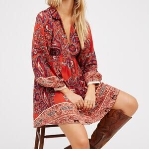 Free People Long Sleeve Mini Boho Paisley Dress